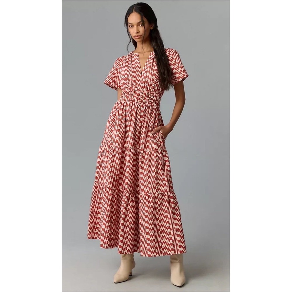 Anthropologie Somerset Maxi Dress Rose Burnt Red Geometric Check Sz Medium